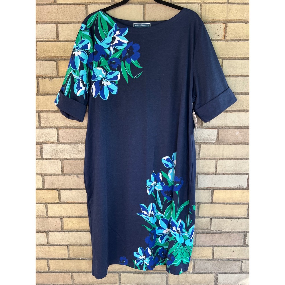 Karen Scott Sport Navy Blue Floral Print T-Shirt Dress Size XXL NWT